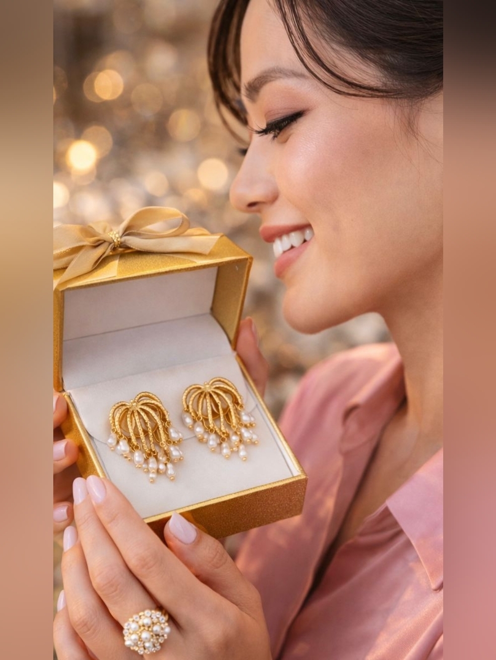 Gold Hoop Earrings with White Pearl Drops - Picture 7 of 8